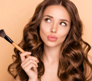 a girl with makeup brushes